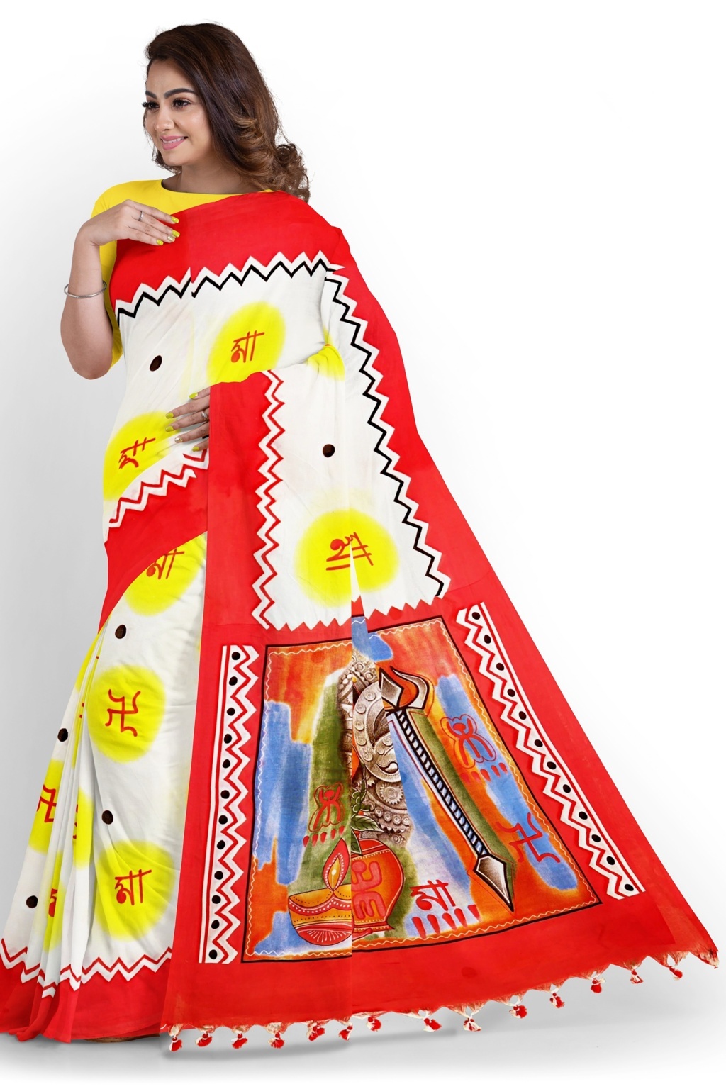 Cream Red Blended Cotton Albela Hand Painted Saree (9001)